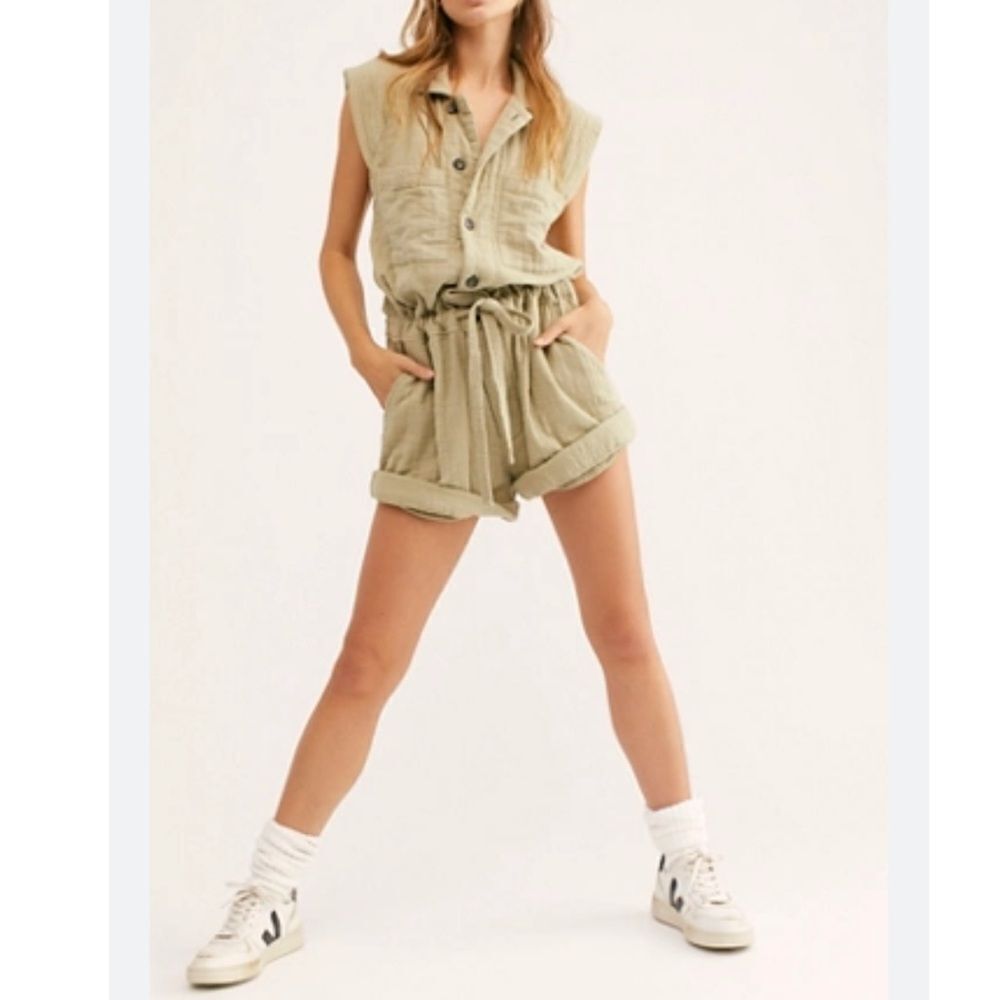 Free People One Kalahari Coverall Romper Sleeveless Button Front Tie Waist